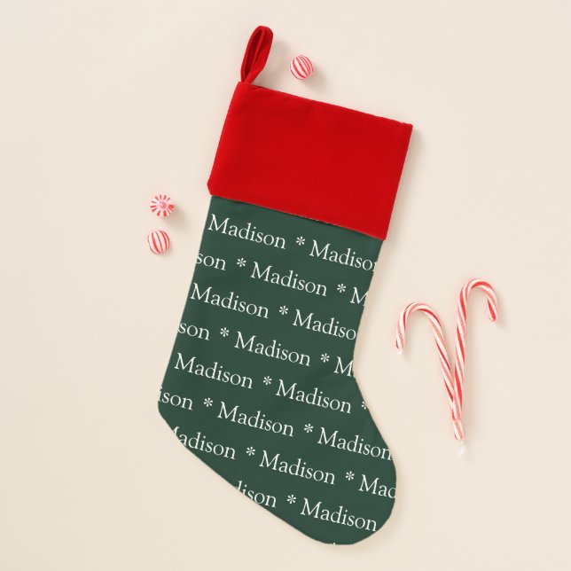 Cute dark pine green white custom name pattern christmas stocking (Front)
