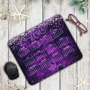 Cute dark purple gold faux glitter 2025 calendar  mouse pad