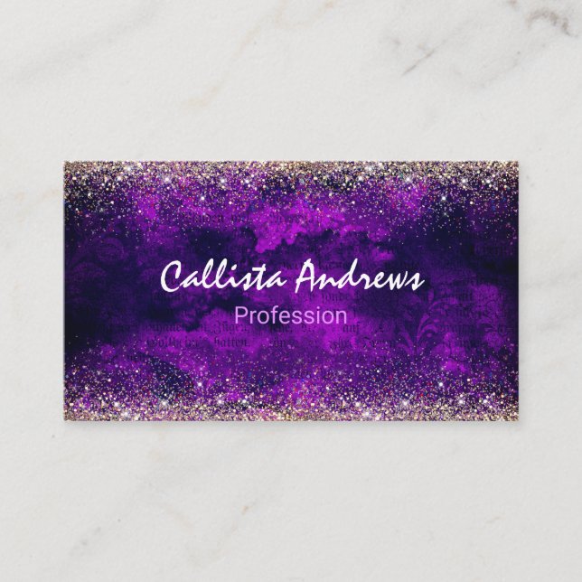 Cute dark purple gold faux glitter business card (Front)