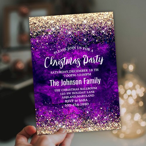 Cute dark purple gold faux glitter Christmas  Invitation