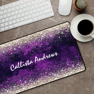 Cute dark purple gold faux glitter desk mat