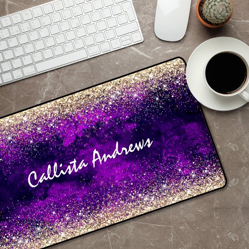 Cute dark purple gold faux glitter desk mat