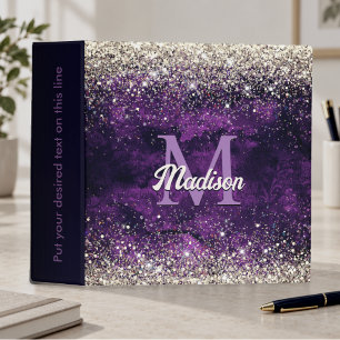 Cute dark purple gold faux glitter monogram 3 ring binder