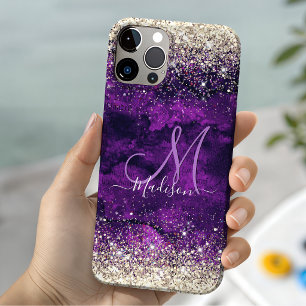 Cute dark purple gold faux glitter monogram Case-Mate iPhone 14 case