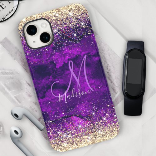 Cute dark purple gold faux glitter monogram Case_Mate iPhone 14 case