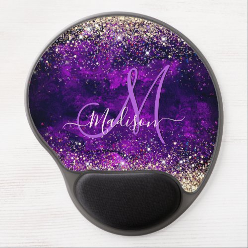 Cute dark purple gold faux glitter monogram gel mouse pad