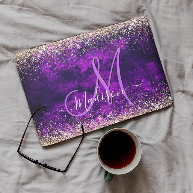 Cute dark purple gold faux glitter monogram HP laptop skin (Creator Uploaded)