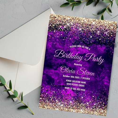Cute dark purple gold faux glitter monogram invitation