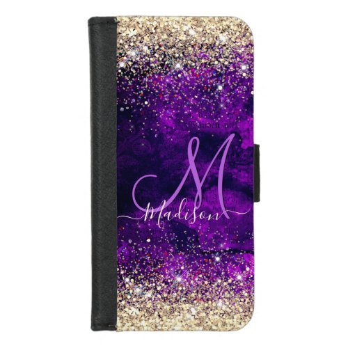 Cute dark purple gold faux glitter monogram iPhone 87 wallet case