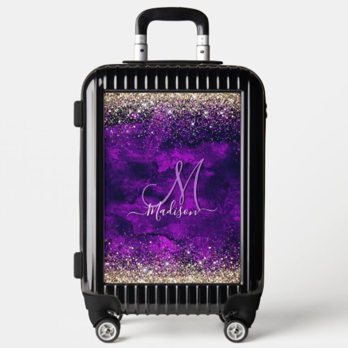 Cute dark purple gold faux glitter monogram luggage
