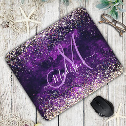 Cute dark purple gold faux glitter monogram mouse pad