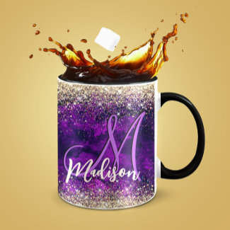 Cute dark purple gold faux glitter monogram