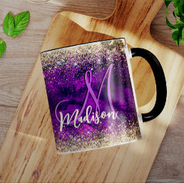 Cute dark purple gold faux glitter monogram mug