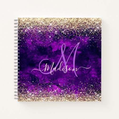 Cute dark purple gold faux glitter monogram notebook