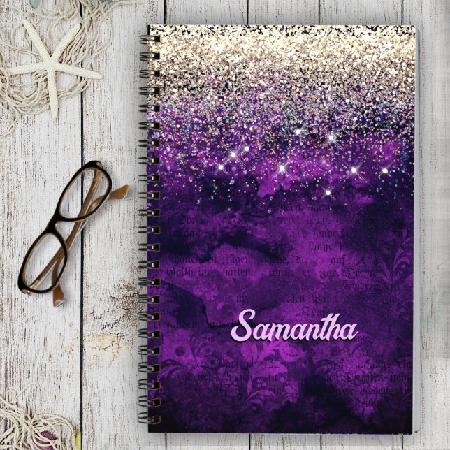 Cute dark purple gold faux glitter monogram notebook (Creator Uploaded)