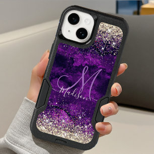 Cute dark purple gold faux glitter monogram OtterBox iPhone 14 case