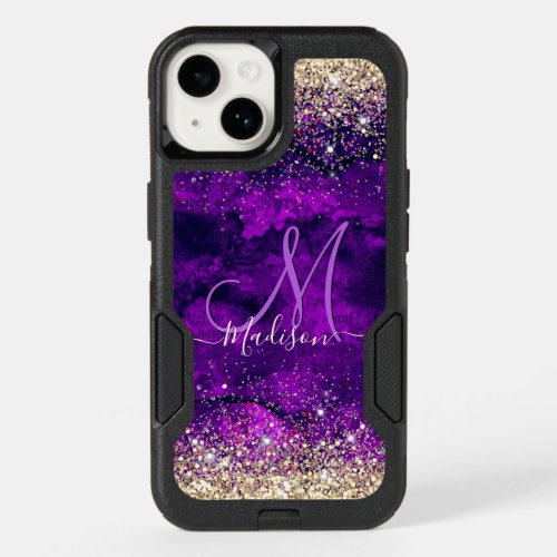Cute dark purple gold faux glitter monogram OtterBox iPhone 14 case