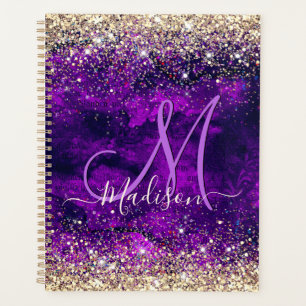 Cute dark purple gold faux glitter monogram planner