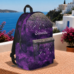 Cute dark purple gold faux glitter monogram printed backpack