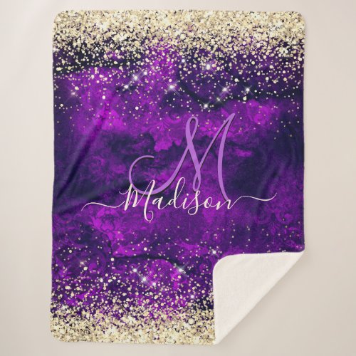 Cute dark purple gold faux glitter monogram sherpa blanket