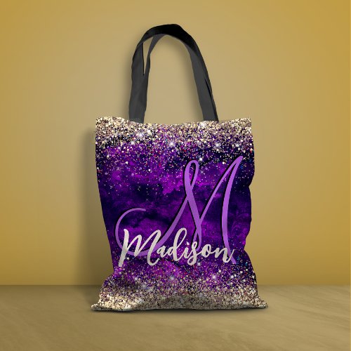 Cute dark purple gold faux glitter monogram tote bag