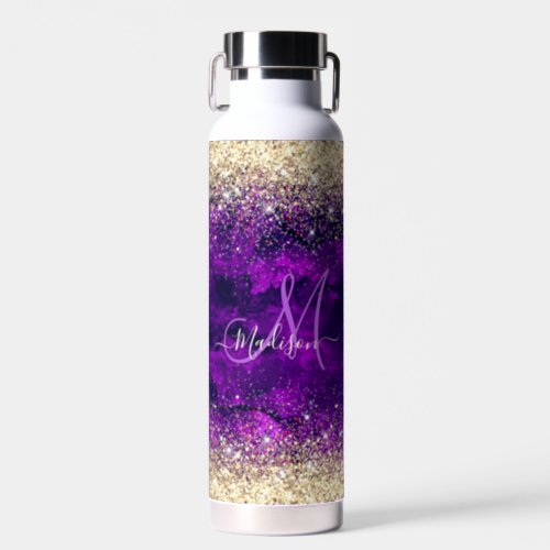 Cute dark purple gold faux glitter monogram water bottle