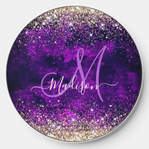 Cute dark purple gold faux glitter monogram wireless charger 