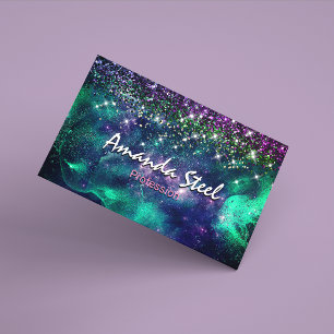 Cute dark purple green faux glitter business card