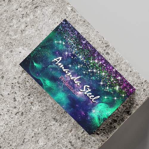 Cute dark purple green faux glitter business card magnet