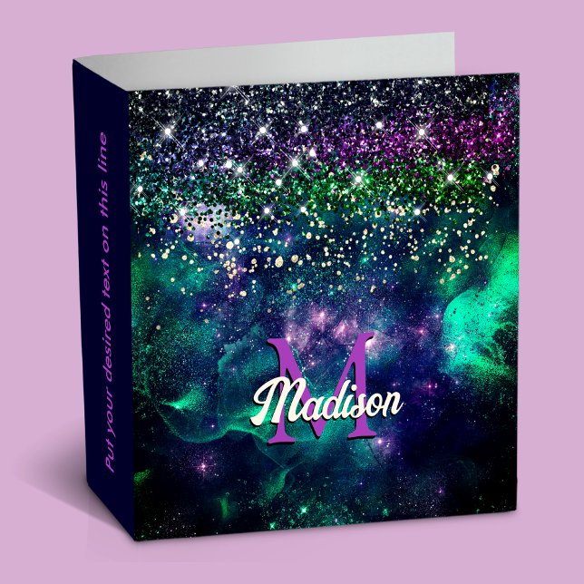 Cute dark purple green faux glitter monogram 3 ring binder (Creator Uploaded)