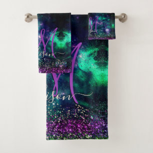 Cute dark purple green faux glitter monogram bath towel set