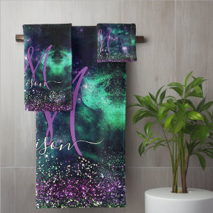 Cute dark purple green faux glitter monogram bath towel set