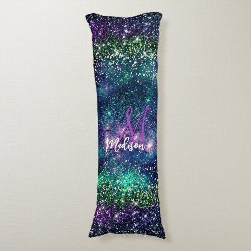 Cute dark purple green faux glitter monogram body pillow