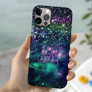 Cute dark purple green faux glitter monogram iPhone 11 pro case