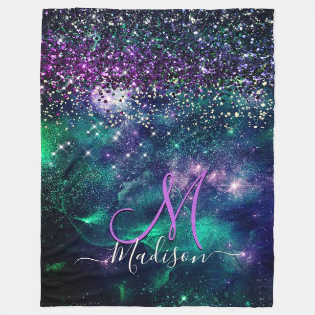 Cute dark purple green faux glitter monogram fleece blanket (Front)