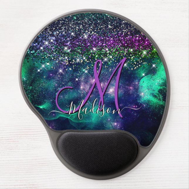 Cute dark purple green faux glitter monogram gel mouse pad (Front)