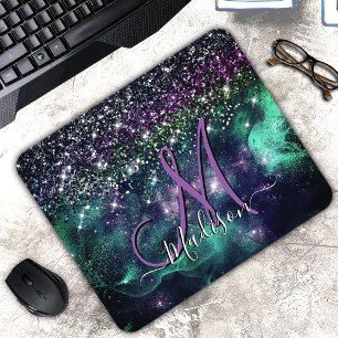 Cute dark purple green faux glitter monogram mouse pad