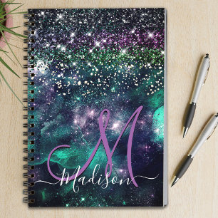 Cute dark purple green faux glitter monogram notebook