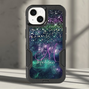 Cute dark purple green faux glitter monogram OtterBox iPhone 14 case