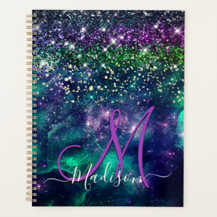 Cute dark purple green faux glitter monogram planner