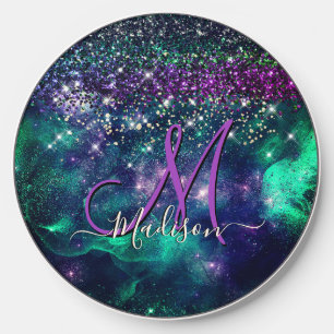 Cute dark purple green faux glitter monogram wireless charger 