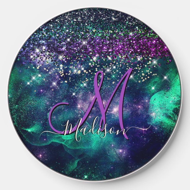 Cute dark purple green faux glitter monogram wireless charger  (Front)