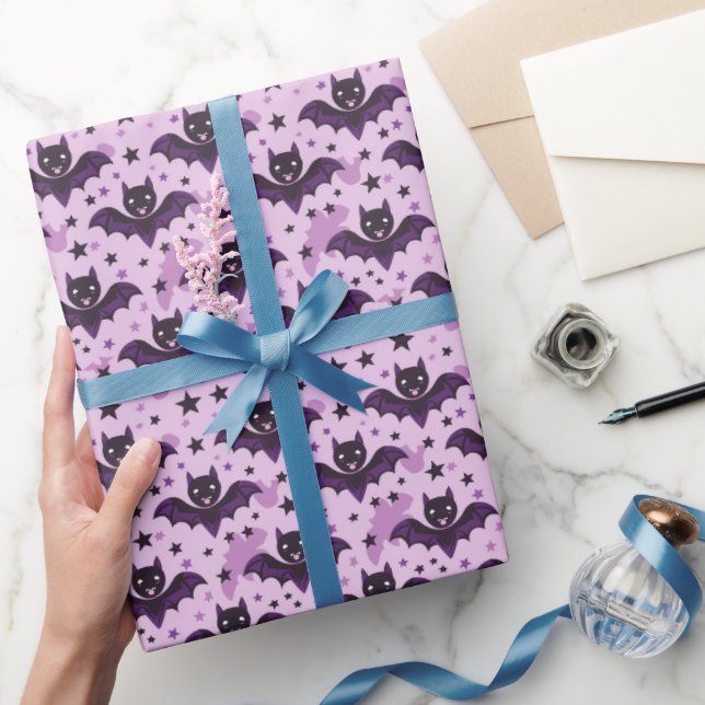 Cute Dark Purple Halloween Bats Wrapping Paper (Gifting)