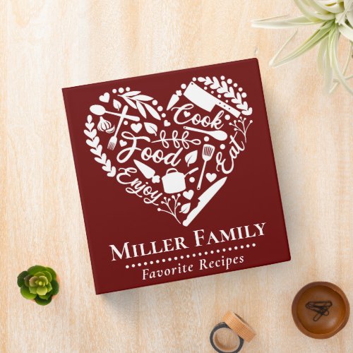 Cute Dark Red Family Name Heart Recipe Cookbook 3 Ring Binder