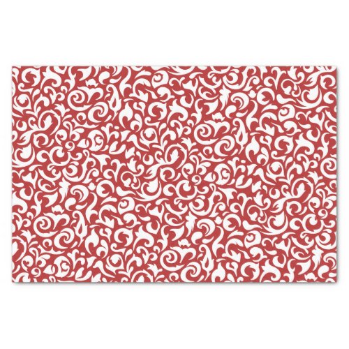 Cute Dark Red White Damask Floral Pattern Tissue Paper