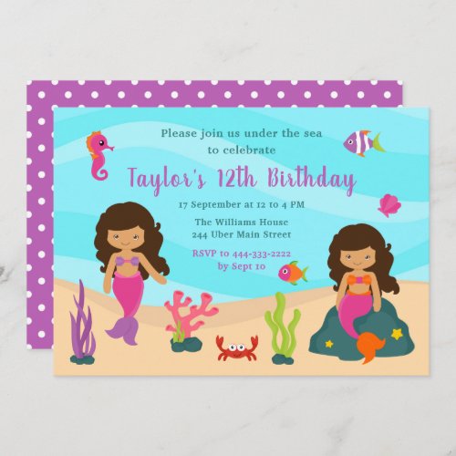 Cute Dark Skin Mermaid Birthday Invitation