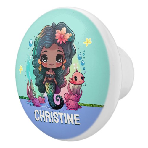 Cute dark skin Mermaid nursery style blue custom Ceramic Knob