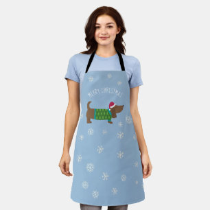 Cute Daschund and Snowflakes Blue Illustrated Apron