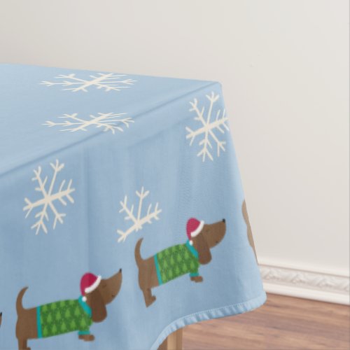 Cute Daschund and Snowflakes Blue Illustrated  Tablecloth