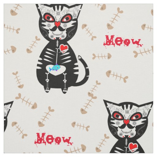 Cute Day Of The Dead Sugar Skull Cat Meow Print Fabric Zazzle Com